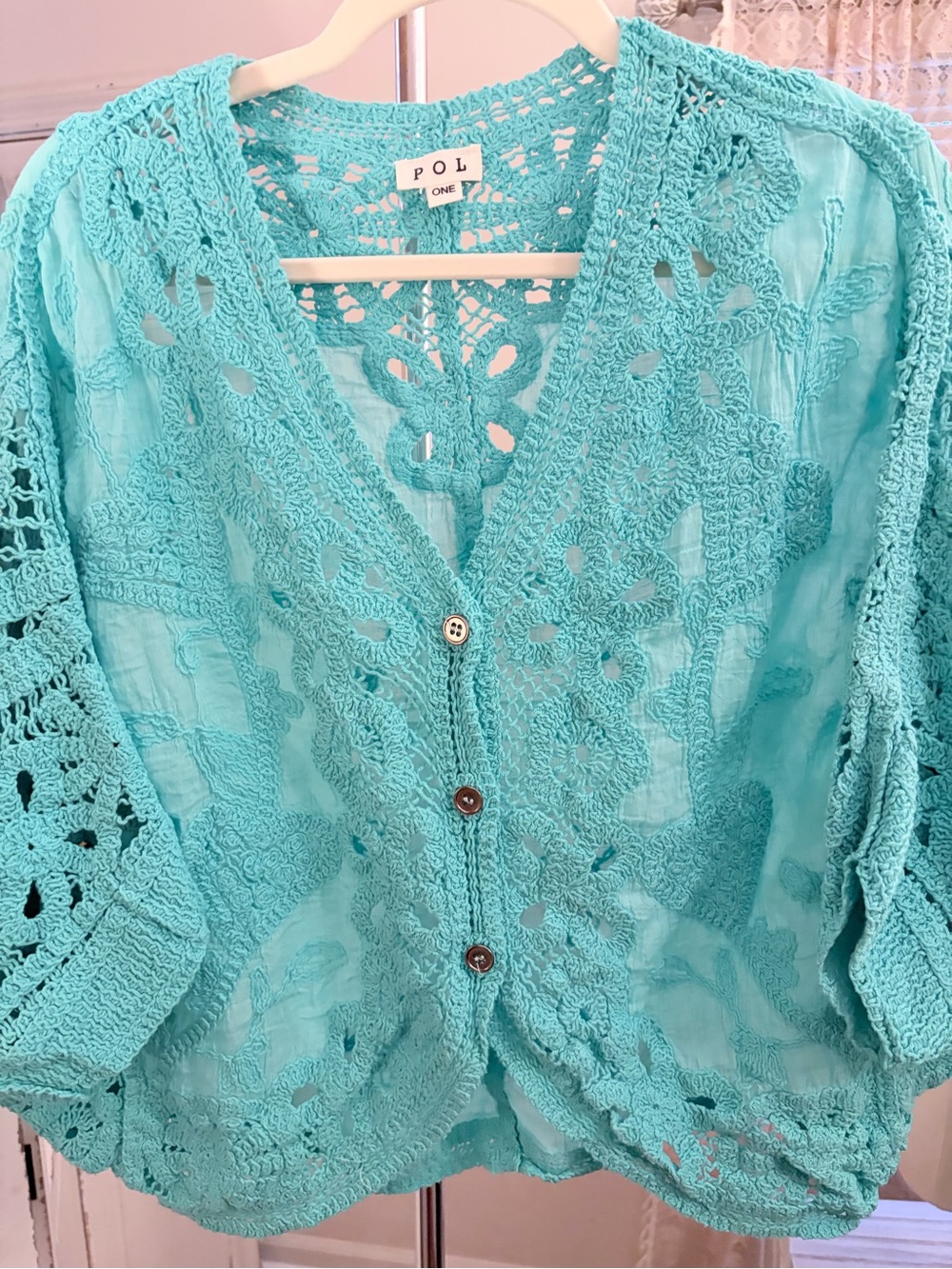 POL NWOT Turquoise Crochet Batwing Button Down Boho Top One Size